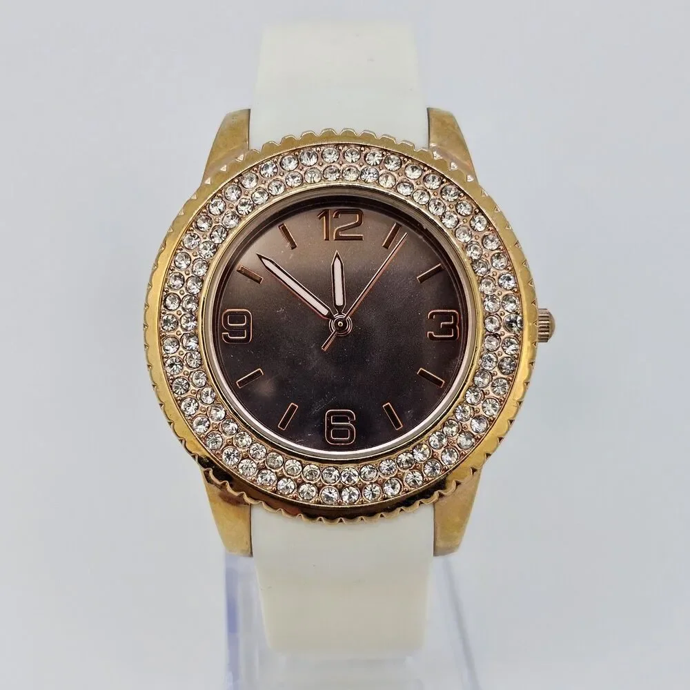 Women's Watch 39MM Gold Dial Case Crystal Bezel White Plastic Bands New‎ Battery